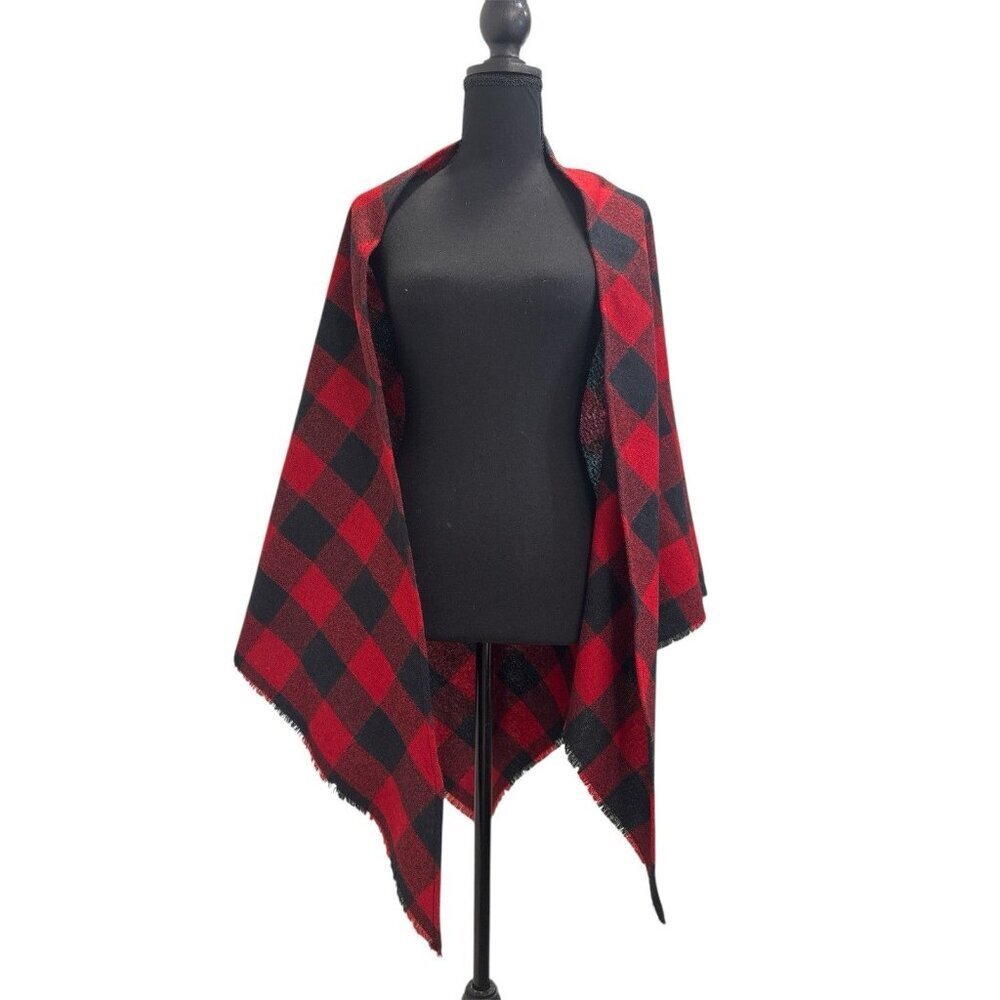 Halston III wool blend red black buffalo plaid shawl wrap vintage